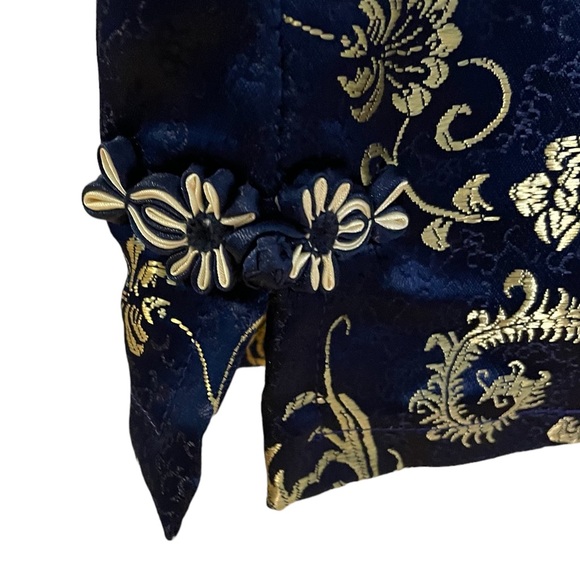 Traditional Vietnamese Silk Pant Suit Blue Gold Brocade Small - Picture 5 of 11